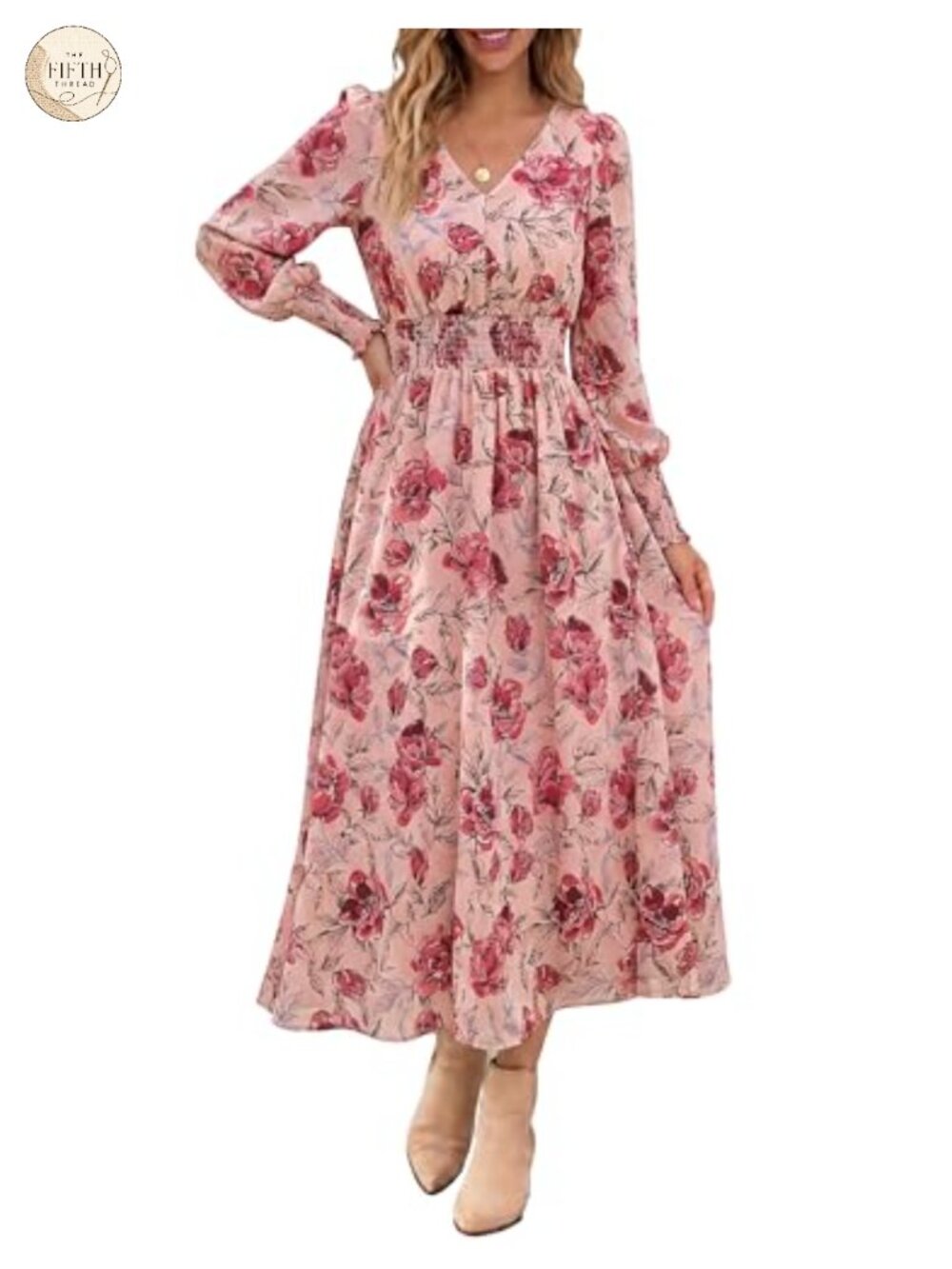 Womens Floral Maxi Dress V-Neck Long Sleeve High Waist A-Line Wedding Guest
